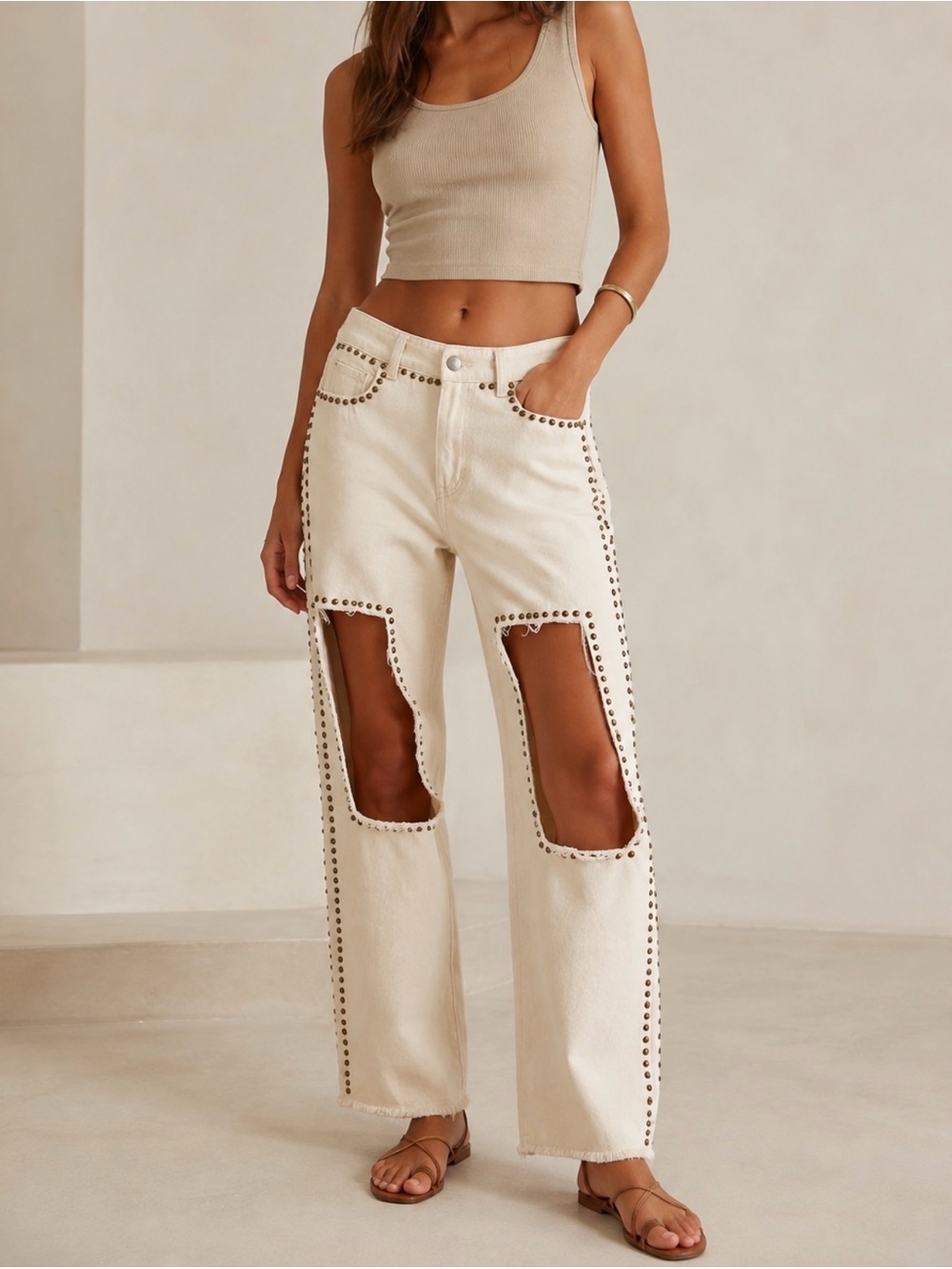 POL Cream Studded Distressed Cutout Y2K Jeans Medium